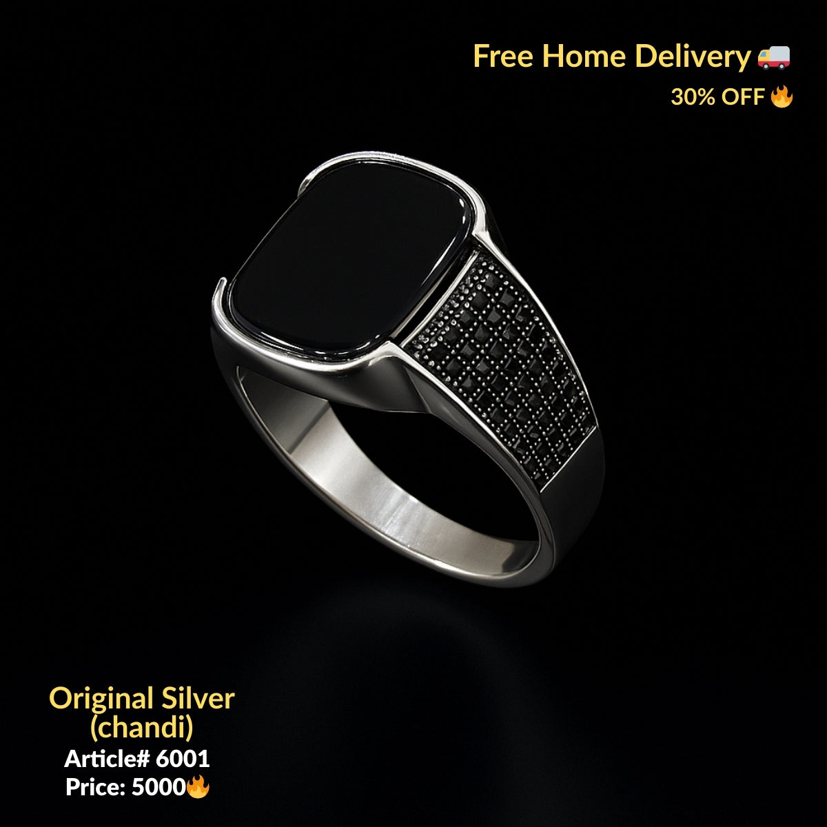 Black Stone Pure Silver Ring (Chandi) - Article # 6001