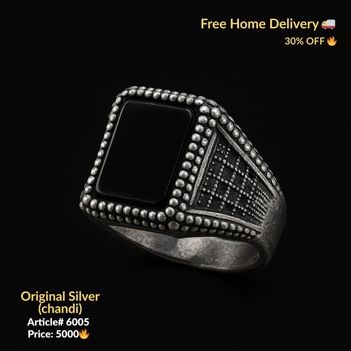 Black Stone Pure Silver Ring (Chandi) - Article # 6005