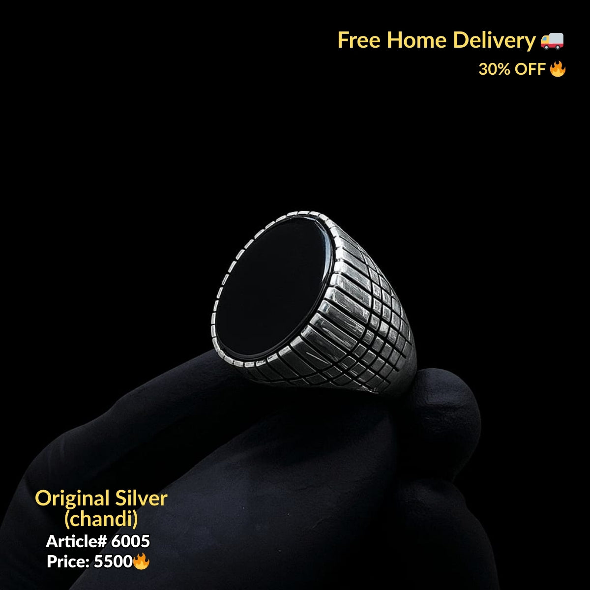 Black Stone Pure Silver Ring (Chandi) - Article # 6006