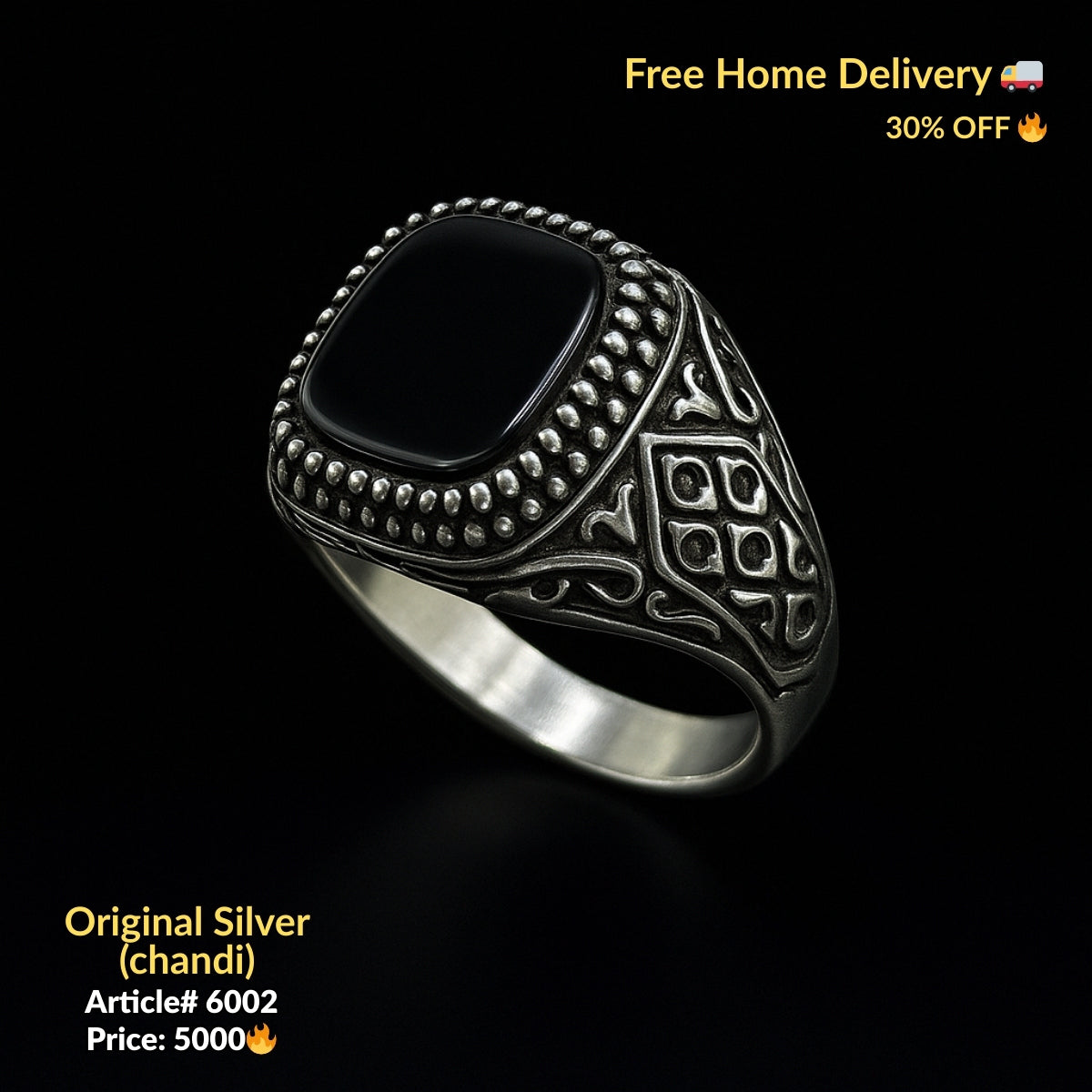 Black Stone Pure Silver Ring (Chandi) - Article # 6002