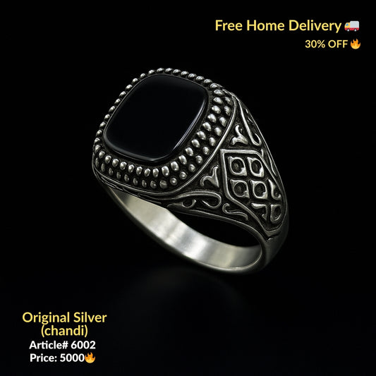 Black Stone Pure Silver Ring (Chandi) - Article # 6002