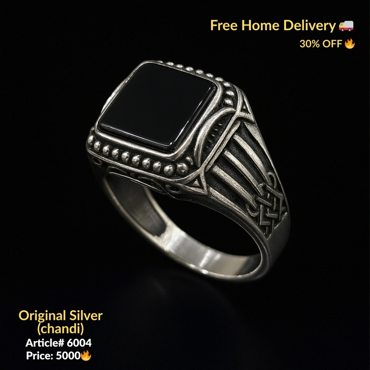 Black Stone Pure Silver Ring (Chandi) - Article # 6004