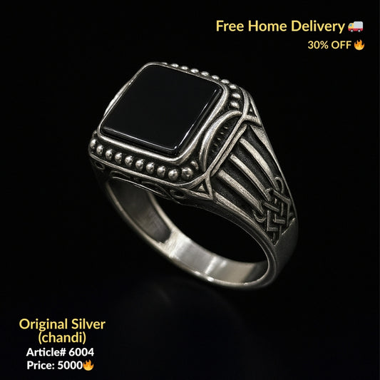 Black Stone Pure Silver Ring (Chandi) - Article # 6004