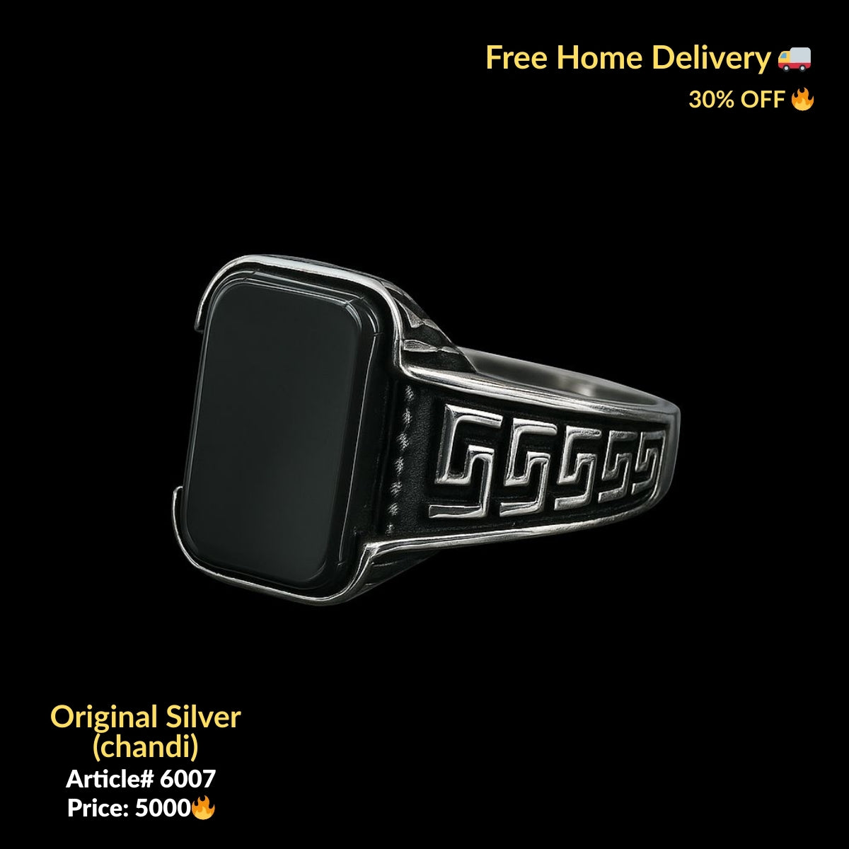 Black Stone Pure Silver Ring (Chandi) - Article # 6007